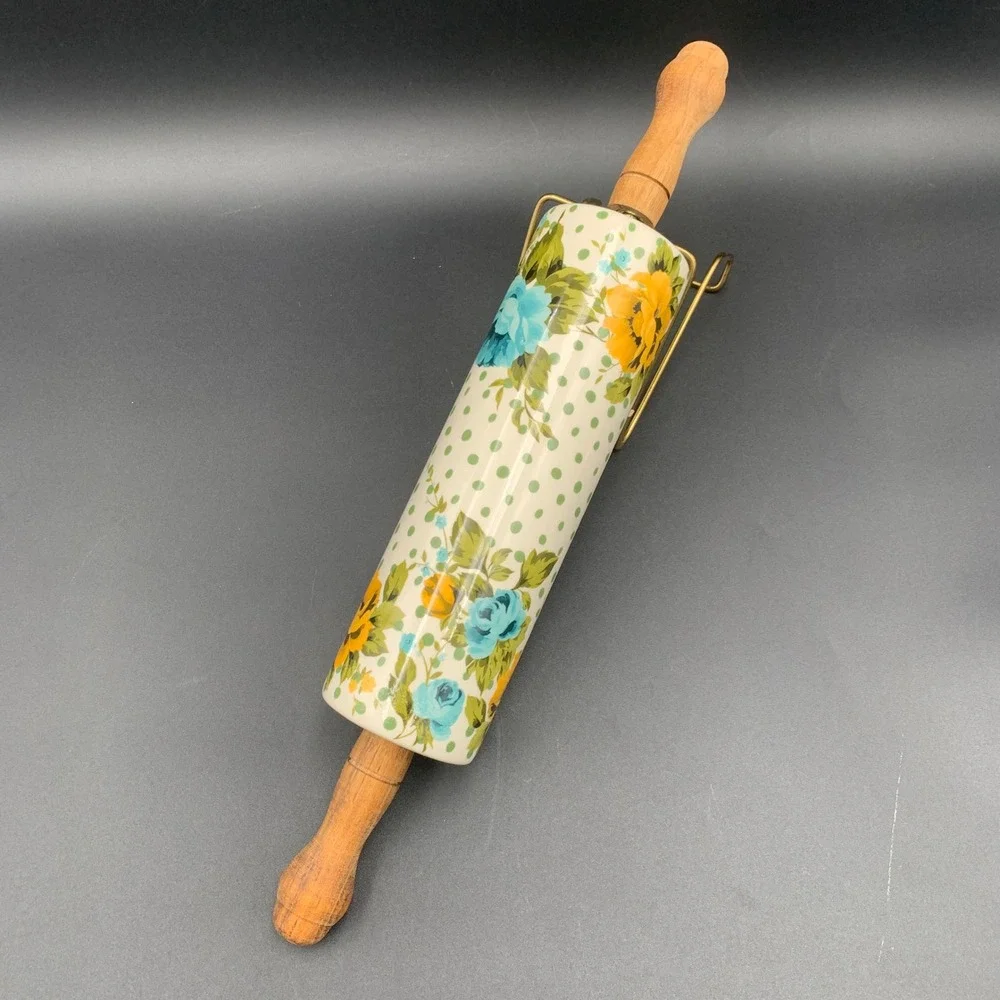 Pioneer Woman Breezy Blossom Ceramic Rolling Pin Wood Handle Floral Dots Retired